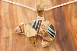 Navajo Artist Calvin Begay Genuine Picture Jasper Sterling Silver Bear Pendant